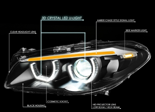 BMW 5 Series F10 2011-13 Black Light Bar U LED DRL Daylight Running Lights Headlights - Xenon